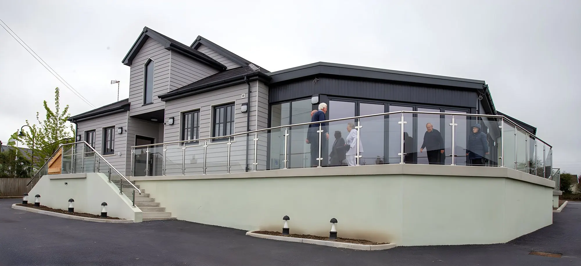 The new Aber-porth Village Hall with its glass-balustraded terrace