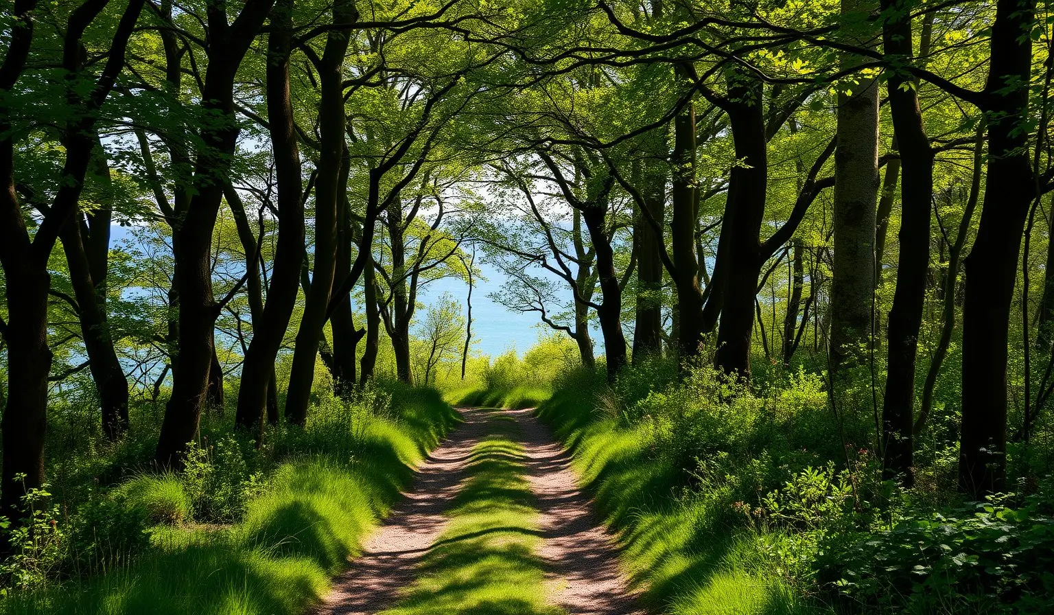 A woodland path leading down to the sea (illustrative)
